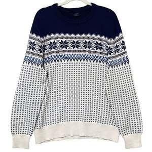 J.Crew Factory Mens Fair Isle Crewneck Sweater XL Navy Cream 100% Cotton Nordic